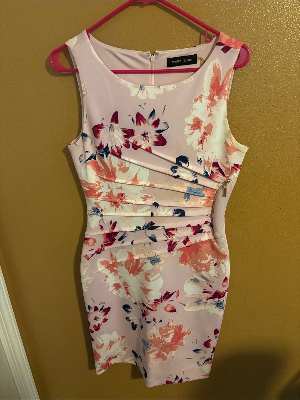 Ivanka Trump Pink Floral Sheath Dress with Coral & Navy Accents